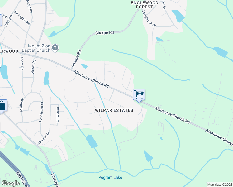 map of restaurants, bars, coffee shops, grocery stores, and more near 1430 Alamance Church Road in Greensboro
