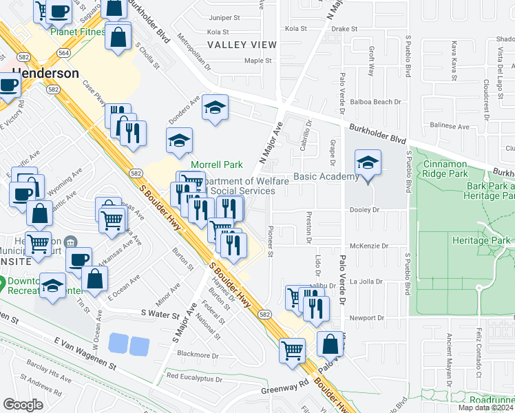 map of restaurants, bars, coffee shops, grocery stores, and more near 400 North Major Avenue in Henderson