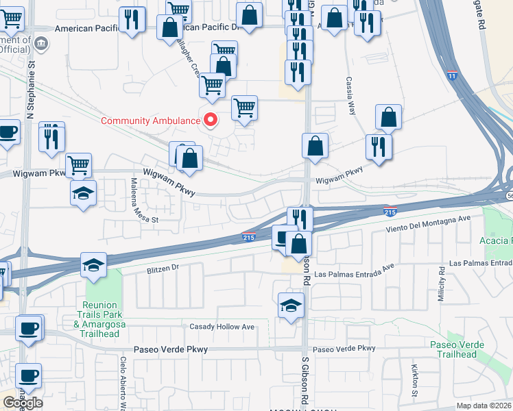 map of restaurants, bars, coffee shops, grocery stores, and more near 1005 Wigwam Parkway in Henderson