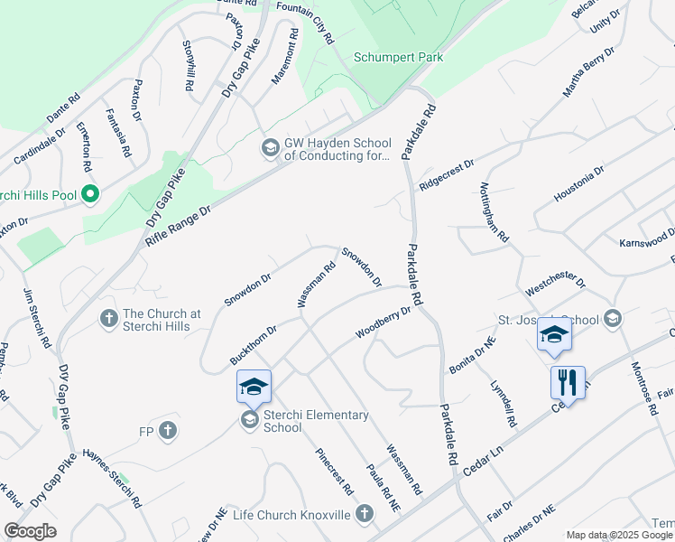 map of restaurants, bars, coffee shops, grocery stores, and more near 5925 Wassman Road in Knoxville