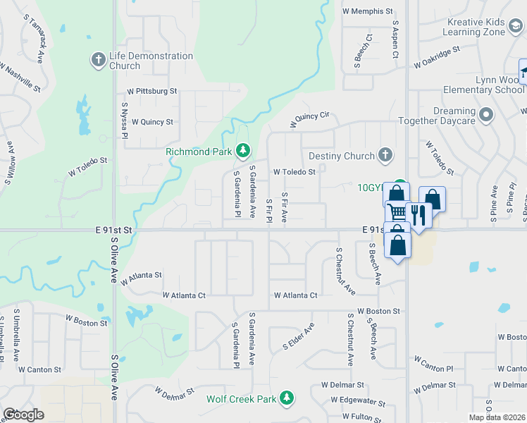 map of restaurants, bars, coffee shops, grocery stores, and more near 1905 South Gardenia Avenue in Broken Arrow