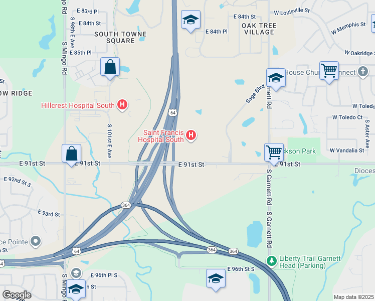 map of restaurants, bars, coffee shops, grocery stores, and more near 10507 East 91st Street in Tulsa