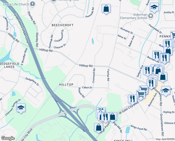 map of restaurants, bars, coffee shops, grocery stores, and more near 4607 Hilltop Road in Greensboro