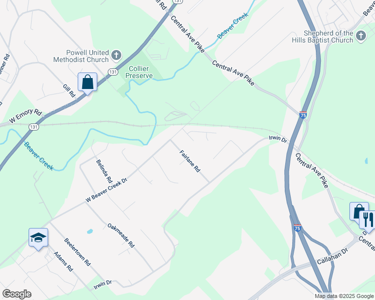map of restaurants, bars, coffee shops, grocery stores, and more near 7216 Fairlane Road in Powell