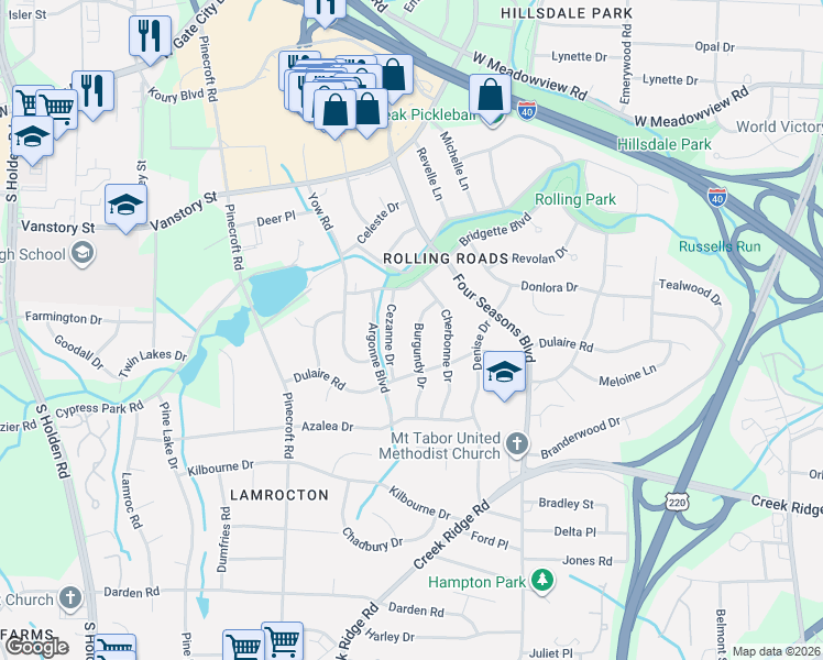 map of restaurants, bars, coffee shops, grocery stores, and more near 2510 Burgundy Drive in Greensboro