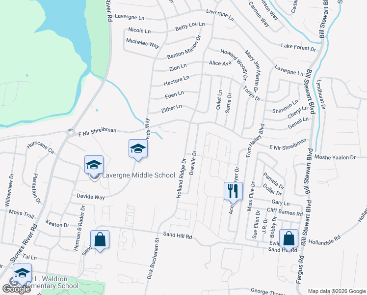 map of restaurants, bars, coffee shops, grocery stores, and more near 702 Holland Ridge Drive in La Vergne
