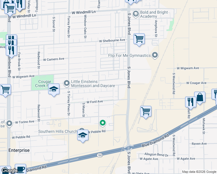 map of restaurants, bars, coffee shops, grocery stores, and more near 6238 West Cougar Avenue in Las Vegas