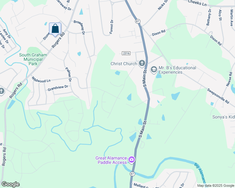 map of restaurants, bars, coffee shops, grocery stores, and more near 1823 Parham Drive in Graham