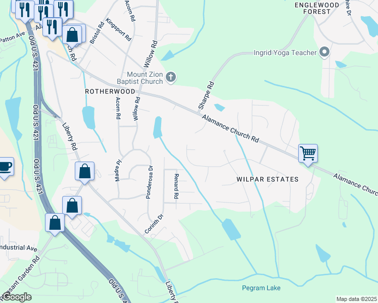 map of restaurants, bars, coffee shops, grocery stores, and more near 1303 Antioch Drive in Greensboro