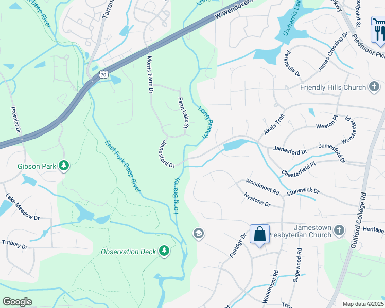 map of restaurants, bars, coffee shops, grocery stores, and more near 4515 Jamesford Drive in Jamestown