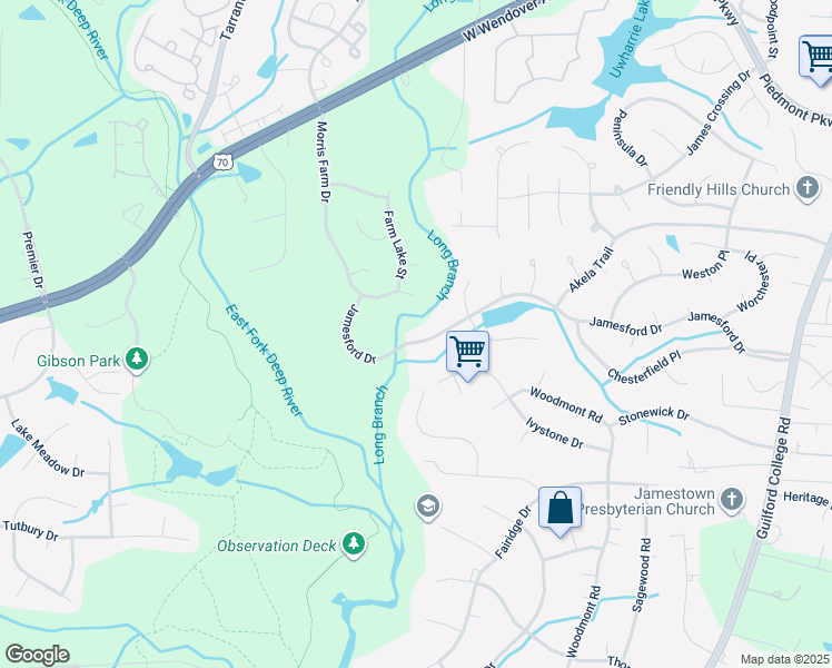 map of restaurants, bars, coffee shops, grocery stores, and more near 4515 Jamesford Drive in Jamestown