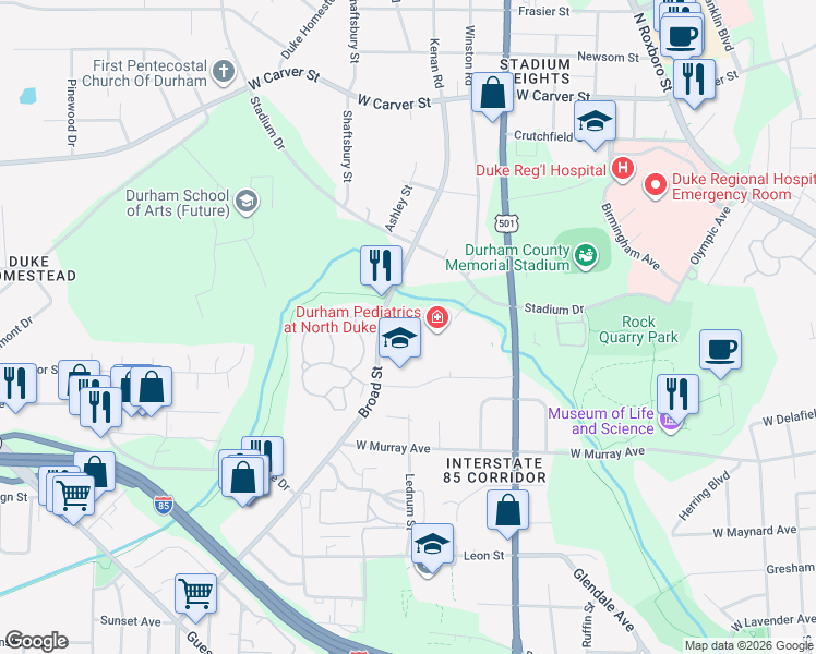 map of restaurants, bars, coffee shops, grocery stores, and more near 2432 Broad Street in Durham