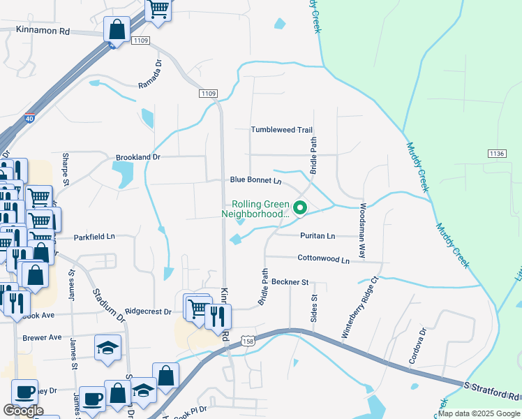 map of restaurants, bars, coffee shops, grocery stores, and more near 6040 Rollingreen Drive in Winston-Salem
