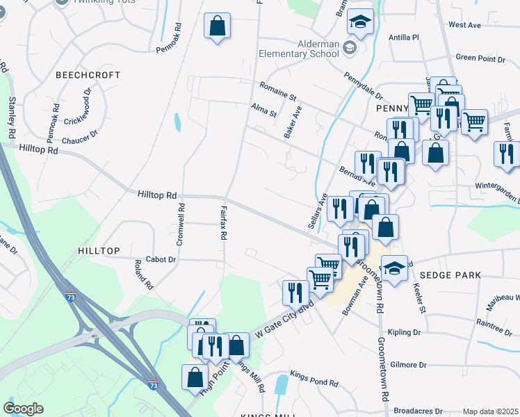 map of restaurants, bars, coffee shops, grocery stores, and more near 4320 Hilltop Road in Greensboro