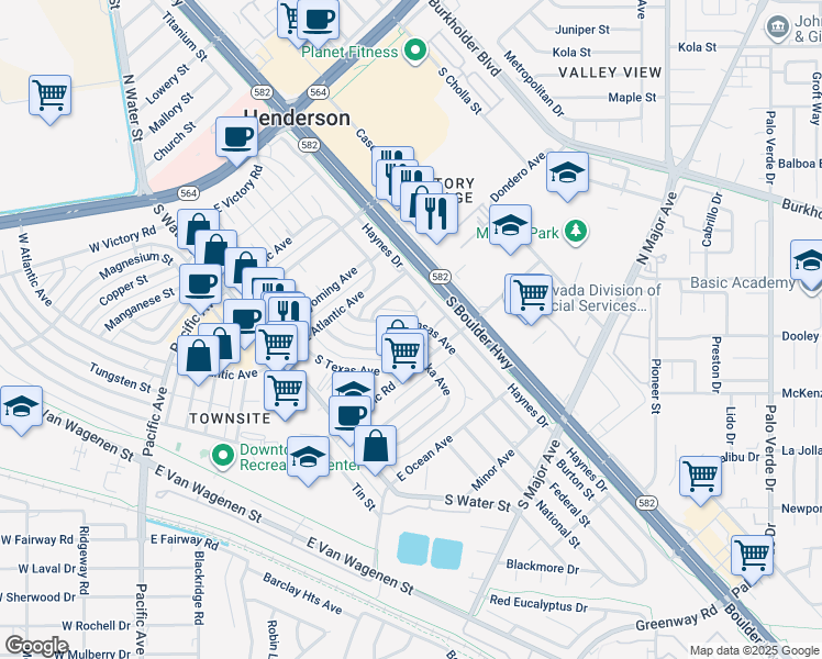 map of restaurants, bars, coffee shops, grocery stores, and more near 246 Kansas Avenue in Henderson