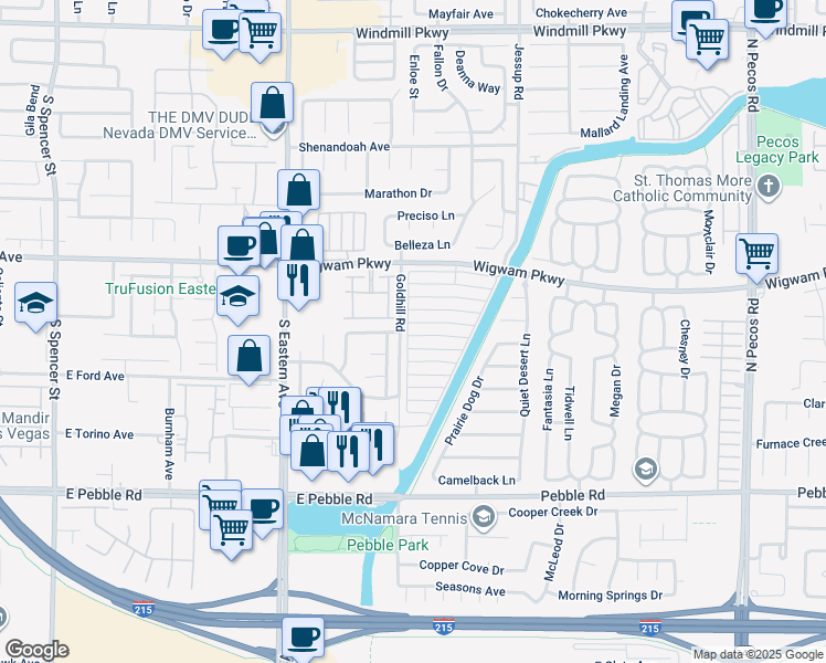 map of restaurants, bars, coffee shops, grocery stores, and more near 2842 Mill Point Drive in Henderson