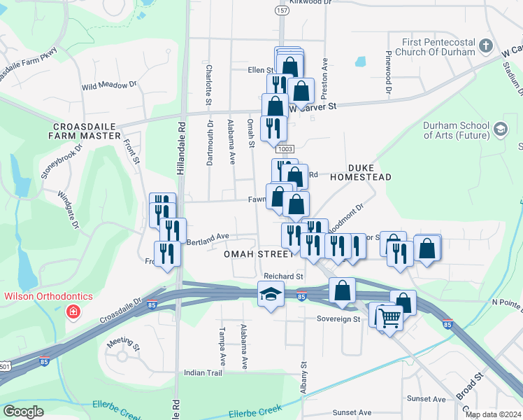 map of restaurants, bars, coffee shops, grocery stores, and more near 2716 Omah Street in Durham