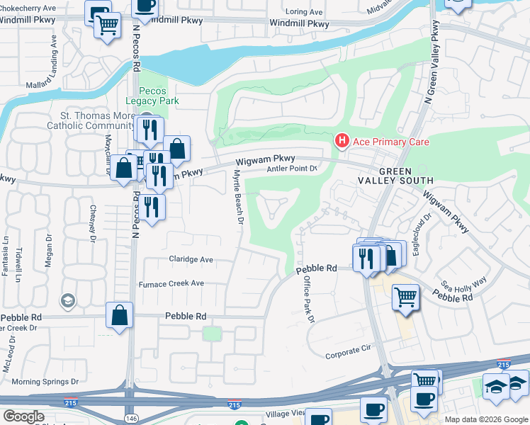 map of restaurants, bars, coffee shops, grocery stores, and more near 2421 Legacy Island Circle in Henderson