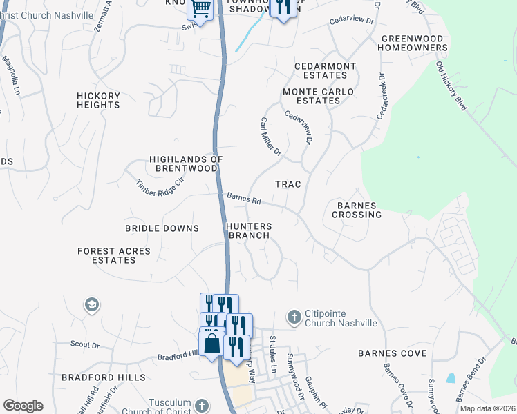 map of restaurants, bars, coffee shops, grocery stores, and more near 1329 Barnes Road in Nashville