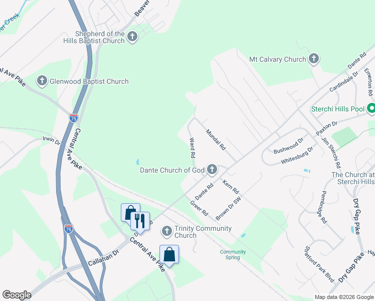 map of restaurants, bars, coffee shops, grocery stores, and more near 6823 Ward Road in Knoxville