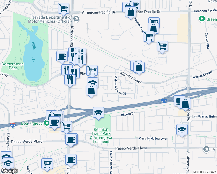 map of restaurants, bars, coffee shops, grocery stores, and more near 67 Dow Jones Street in Henderson