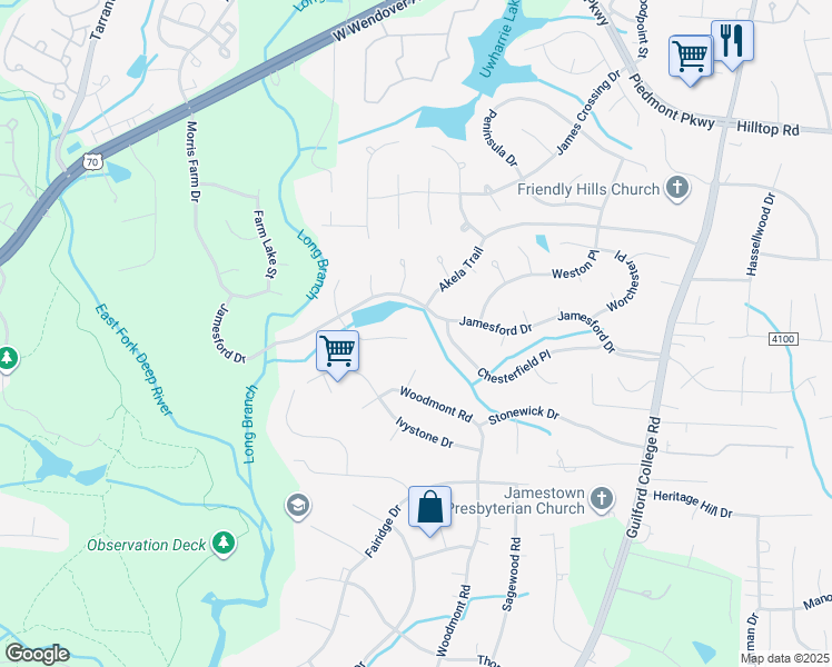 map of restaurants, bars, coffee shops, grocery stores, and more near 2800 Hackney Way in Jamestown