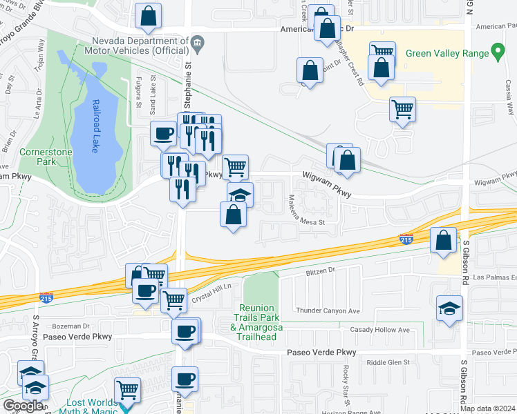 map of restaurants, bars, coffee shops, grocery stores, and more near 1295 Investment Way in Henderson