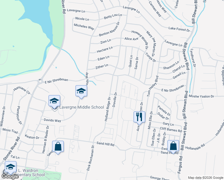 map of restaurants, bars, coffee shops, grocery stores, and more near 153 Dreville Drive in La Vergne