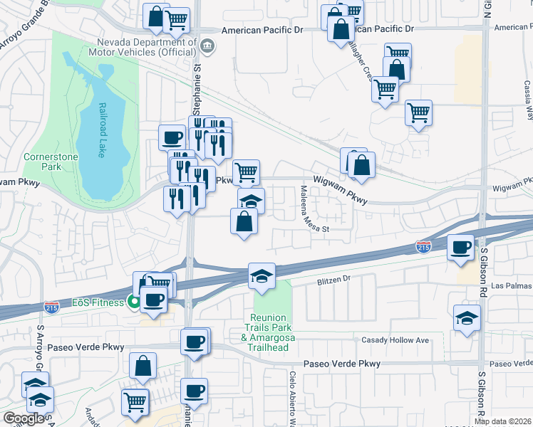 map of restaurants, bars, coffee shops, grocery stores, and more near 1299 Investment Way in Henderson