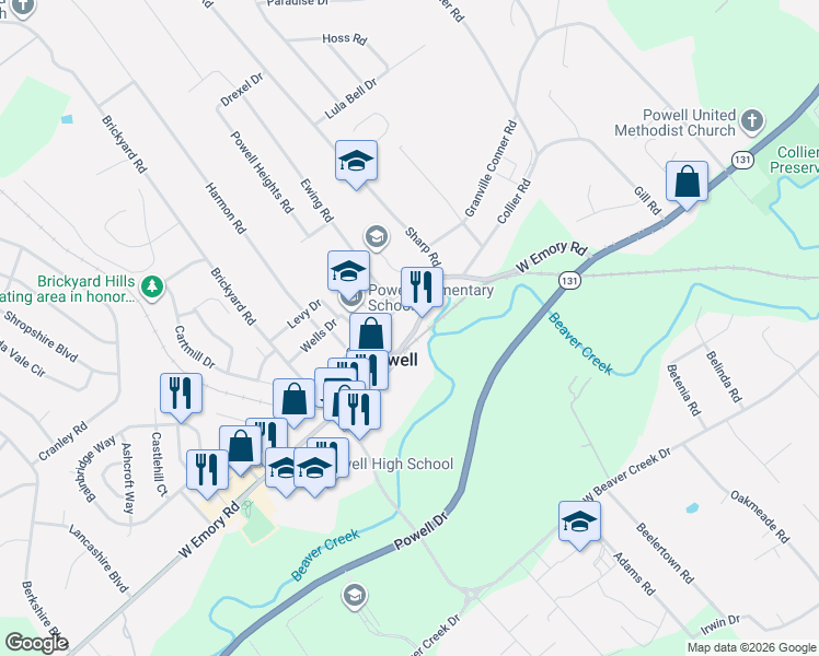 map of restaurants, bars, coffee shops, grocery stores, and more near 1607 West Emory Road in Powell