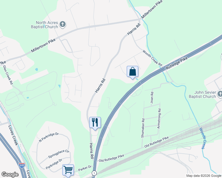 map of restaurants, bars, coffee shops, grocery stores, and more near 1938 Harris Road in Knoxville