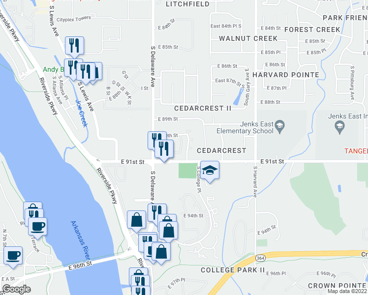 map of restaurants, bars, coffee shops, grocery stores, and more near 9022 South College Avenue in Tulsa