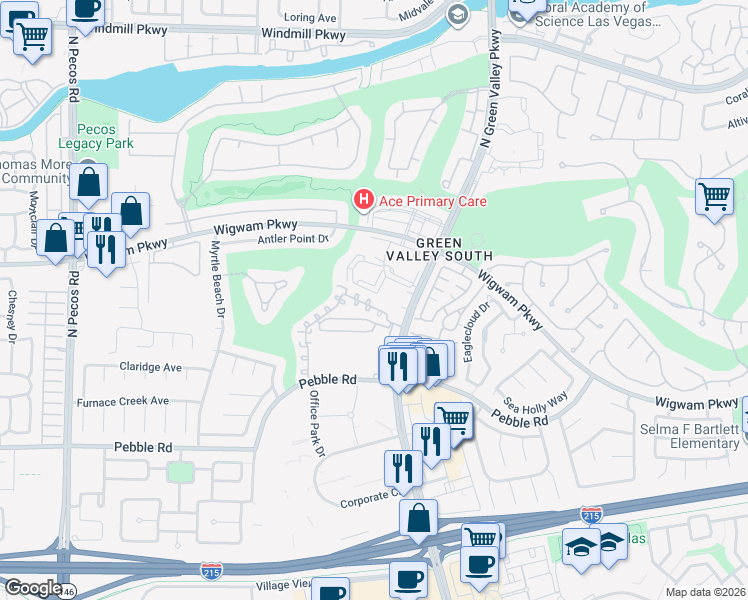 map of restaurants, bars, coffee shops, grocery stores, and more near 2229 Ramsgate Drive in Henderson