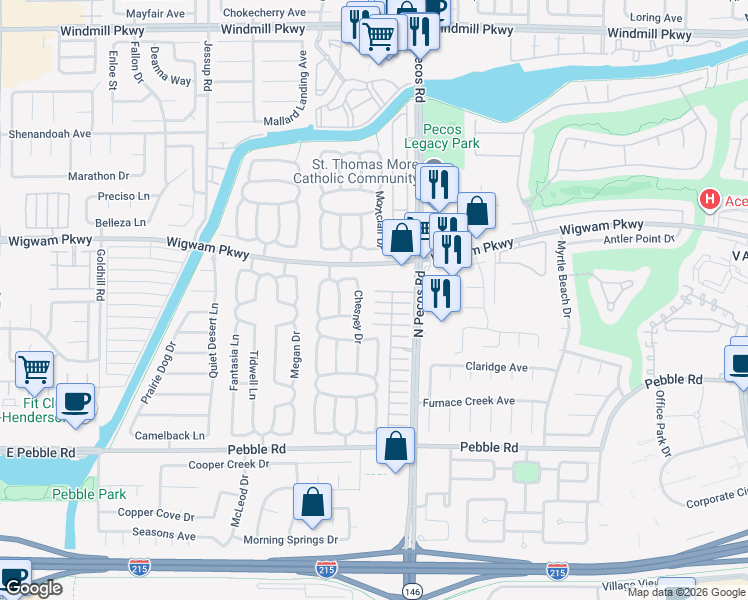 map of restaurants, bars, coffee shops, grocery stores, and more near 2624 Twin Pines Avenue in Henderson