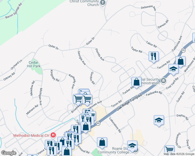 map of restaurants, bars, coffee shops, grocery stores, and more near 115 Georgia Avenue in Oak Ridge