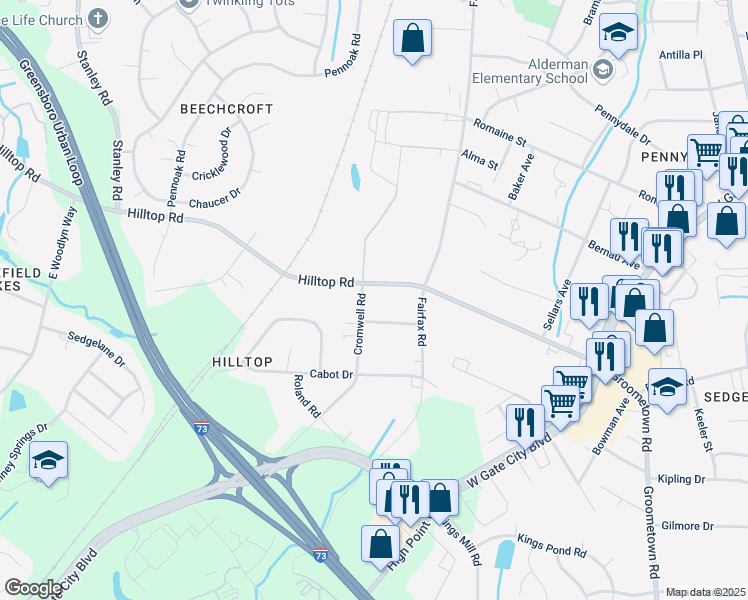map of restaurants, bars, coffee shops, grocery stores, and more near 2603 Cromwell Road in Greensboro