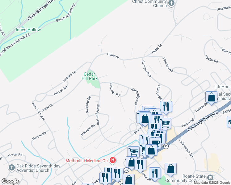 map of restaurants, bars, coffee shops, grocery stores, and more near 109 Kingsley Road in Oak Ridge