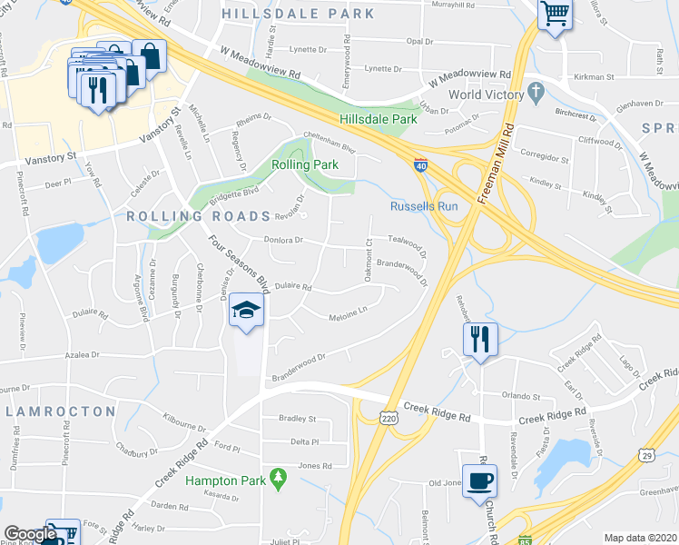 map of restaurants, bars, coffee shops, grocery stores, and more near 8 Donlora Court in Greensboro