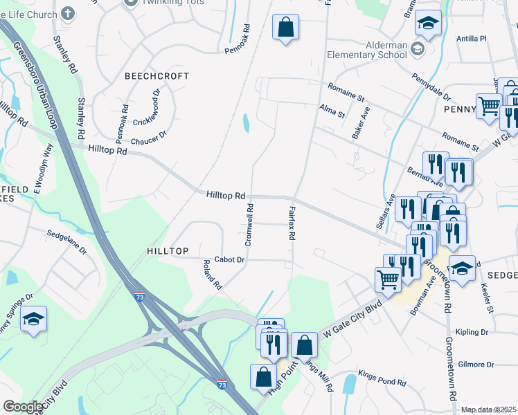 map of restaurants, bars, coffee shops, grocery stores, and more near 2603 Cromwell Road in Greensboro