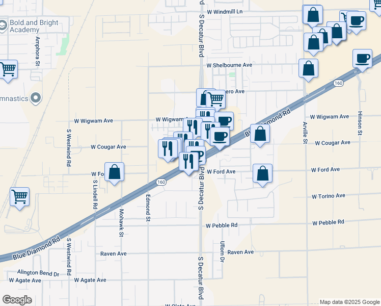 map of restaurants, bars, coffee shops, grocery stores, and more near 4930 Blue Diamond Road in Las Vegas