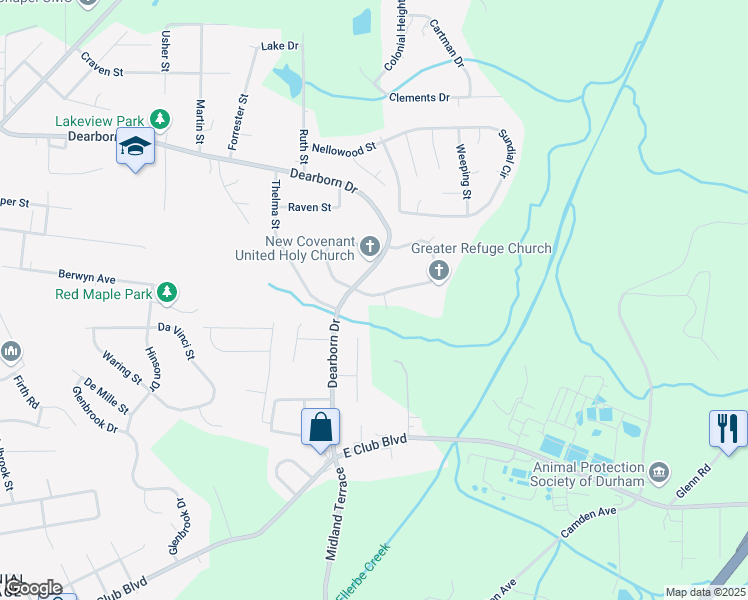 map of restaurants, bars, coffee shops, grocery stores, and more near 1412 Maplewood Drive in Durham