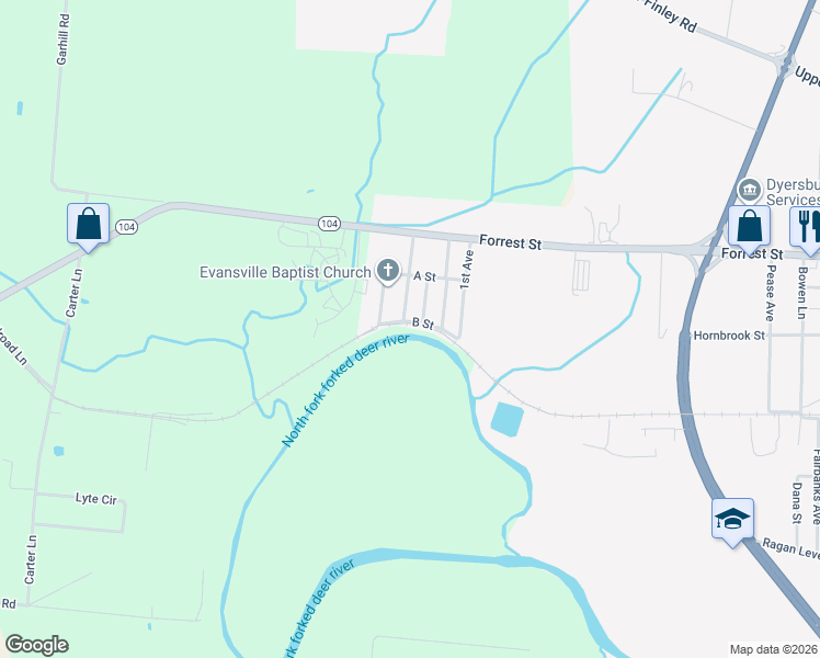 map of restaurants, bars, coffee shops, grocery stores, and more near 2121 B St in Dyersburg