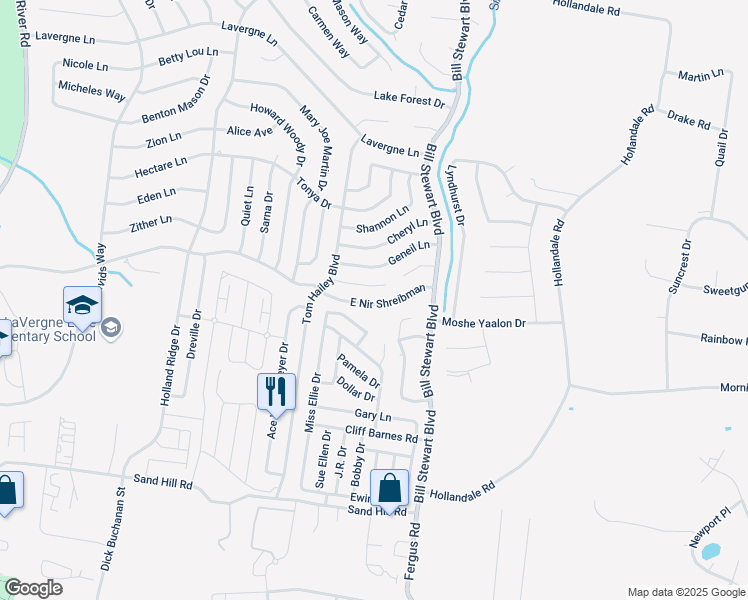 map of restaurants, bars, coffee shops, grocery stores, and more near 1326 East Nir Shreibman Boulevard in La Vergne