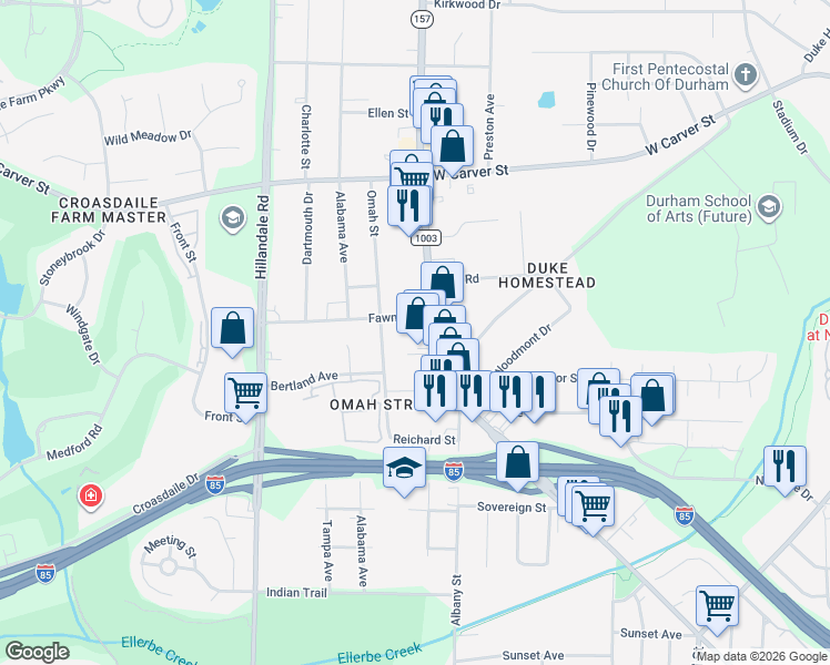 map of restaurants, bars, coffee shops, grocery stores, and more near 2921 Guess Road in Durham
