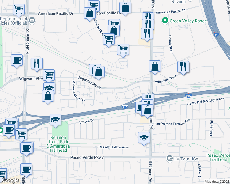 map of restaurants, bars, coffee shops, grocery stores, and more near 1131 Wigwam Parkway in Henderson