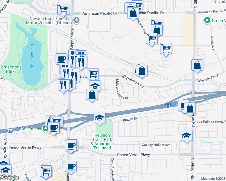 map of restaurants, bars, coffee shops, grocery stores, and more near 67 Dow Jones Street in Henderson