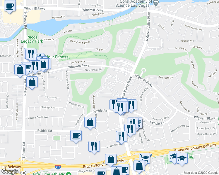 map of restaurants, bars, coffee shops, grocery stores, and more near 2225 Ramsgate Drive in Henderson