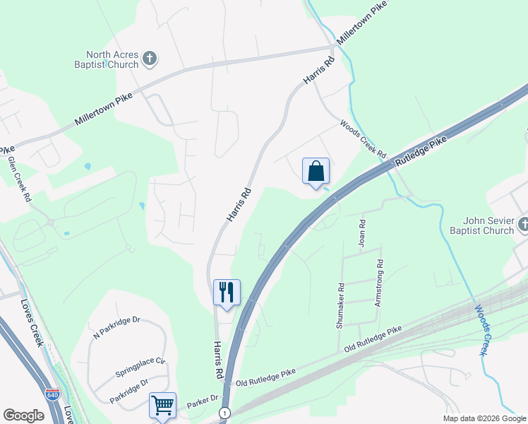map of restaurants, bars, coffee shops, grocery stores, and more near 1938 Harris Road in Knoxville
