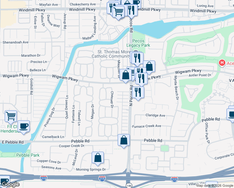 map of restaurants, bars, coffee shops, grocery stores, and more near 2624 Twin Pines Avenue in Henderson