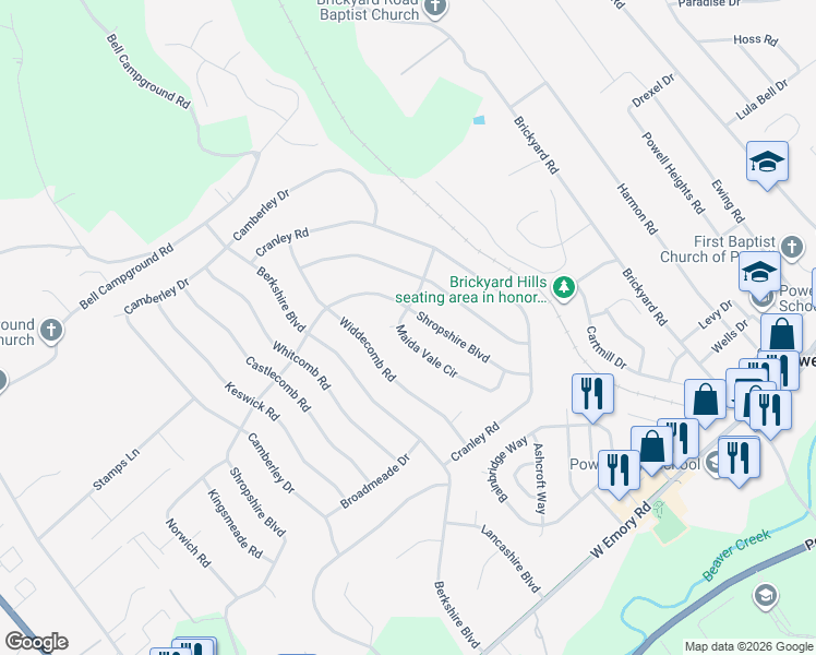map of restaurants, bars, coffee shops, grocery stores, and more near 7764 Maida Vale Circle in Powell